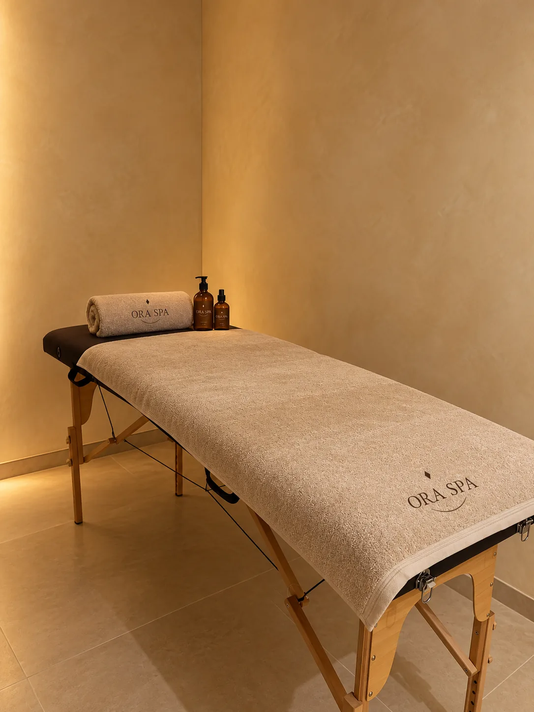 ORA SPA – Nouvel accueil. Table de massage ORA SPA avec serviettes brodées et huiles de massage