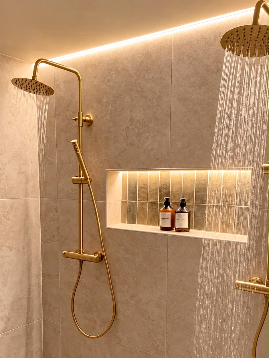 ORA SPA – Nouvel accueil. Les deux colonnes de douche dorées et la niche éclairée du rituel bien-être ORA SPA